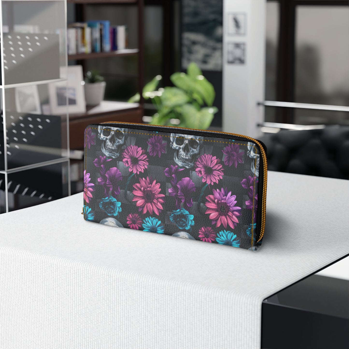 Zipper Wallet with Dark Skulls and Flowers Design