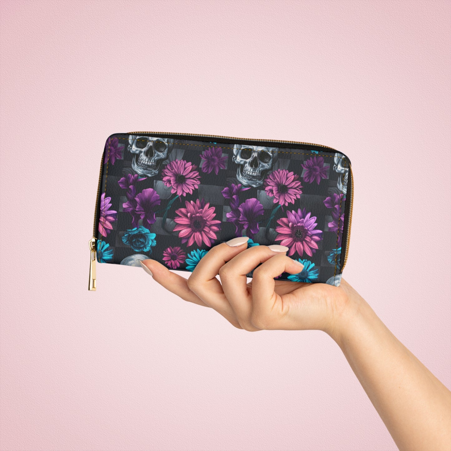 Zipper Wallet with Dark Skulls and Flowers Design
