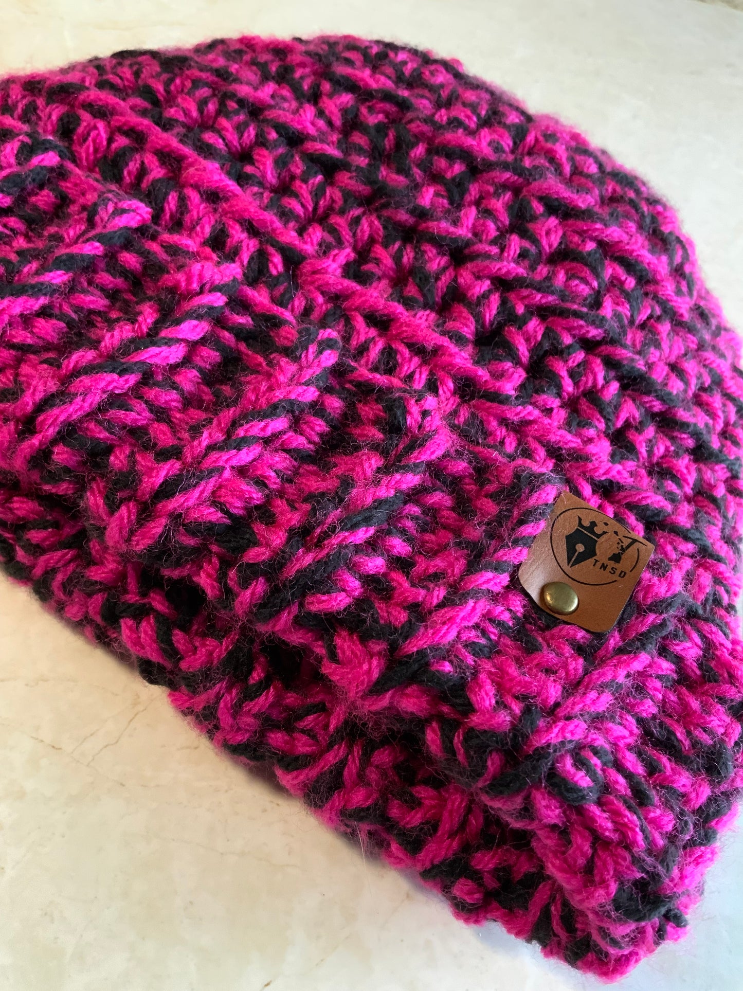 Chunky Brimmed Crochet Beanie - Shocking Pink 'n Black