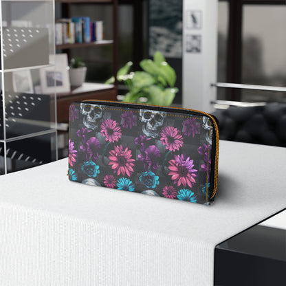 Zipper Wallet with Dark Skulls and Flowers Design