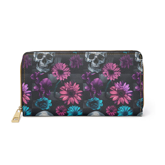 Zipper Wallet with Dark Skulls and Flowers Design
