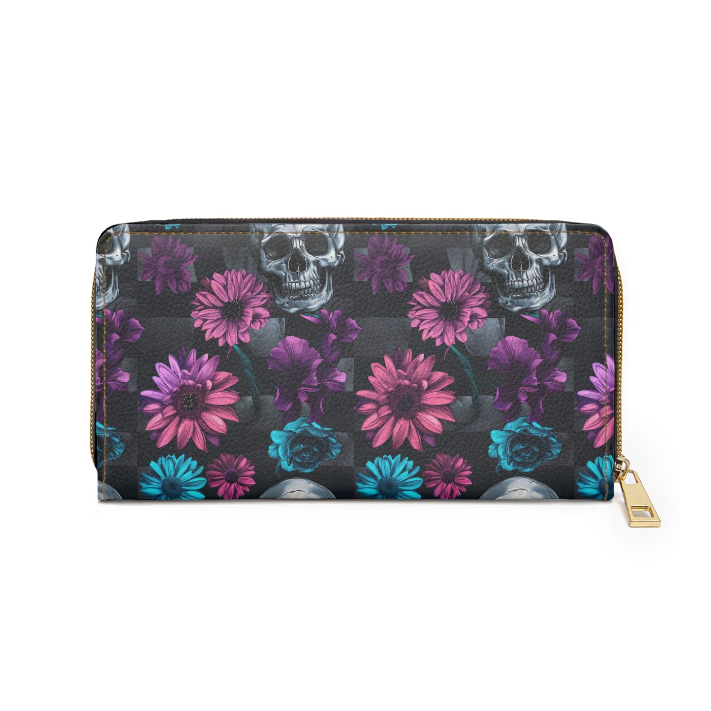 Zipper Wallet with Dark Skulls and Flowers Design