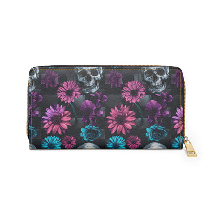 Zipper Wallet with Dark Skulls and Flowers Design