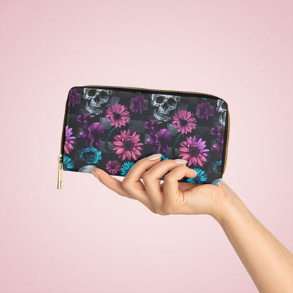 Zipper Wallet with Dark Skulls and Flowers Design