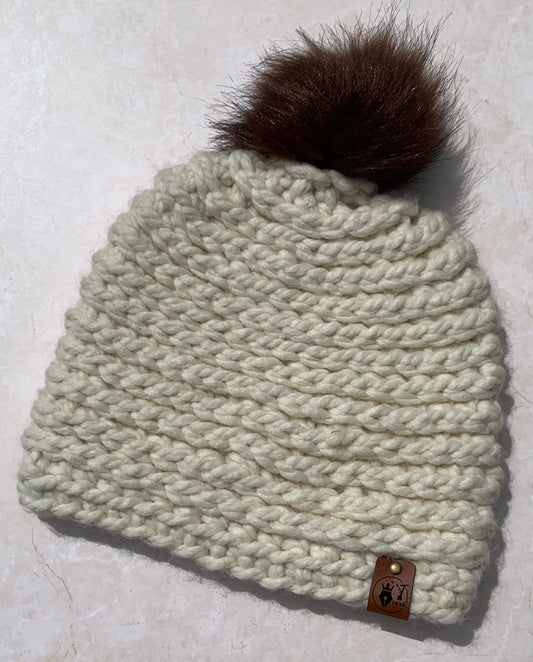 Handmade Crochet Beanie with Fur Pompom - Fisherman