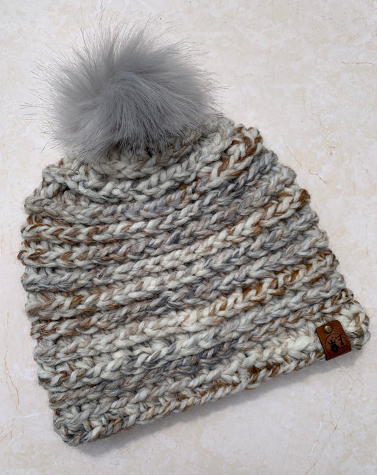 Handmade Crochet Beanie with Fur Pompom - Fossil