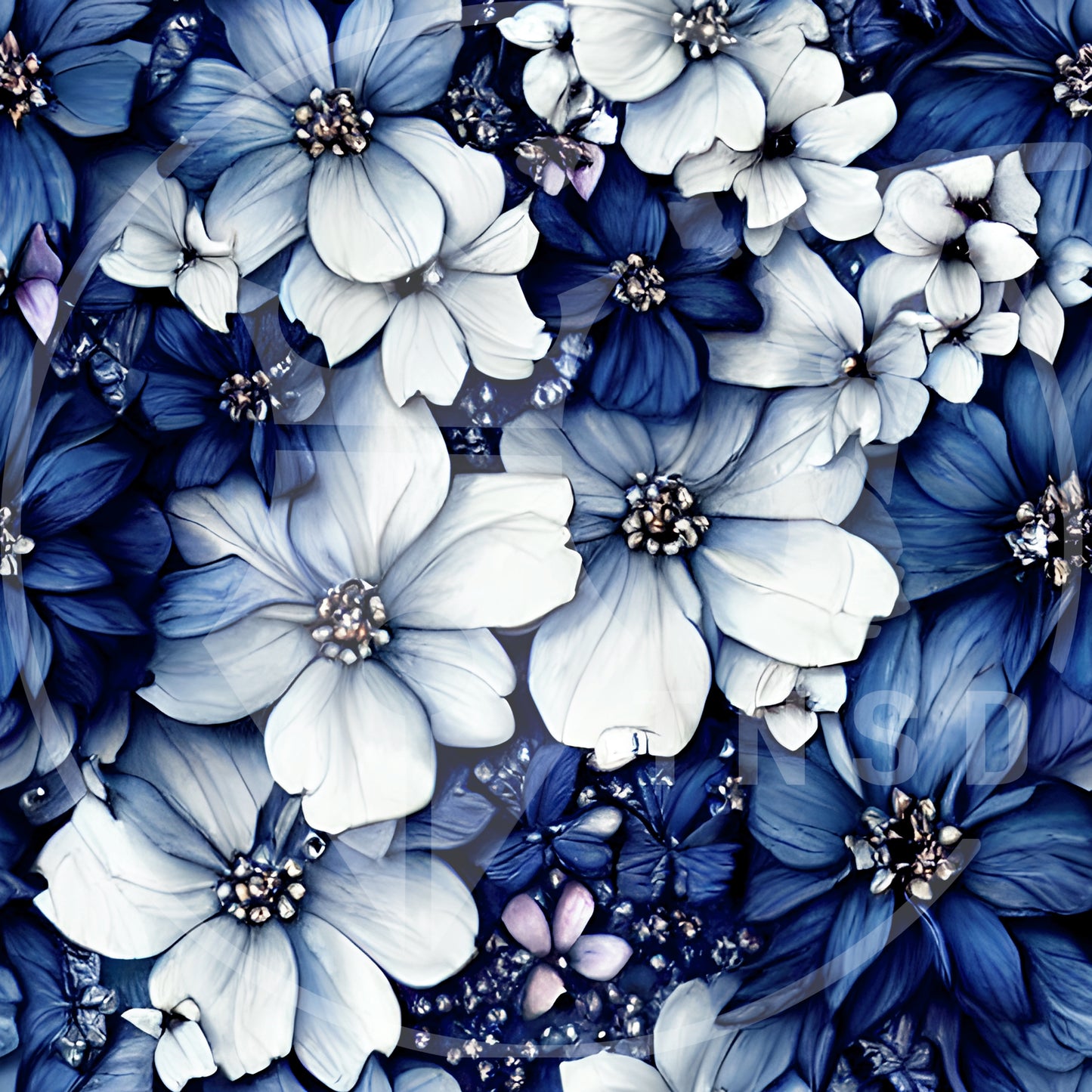 Navy N Pale White Flowers