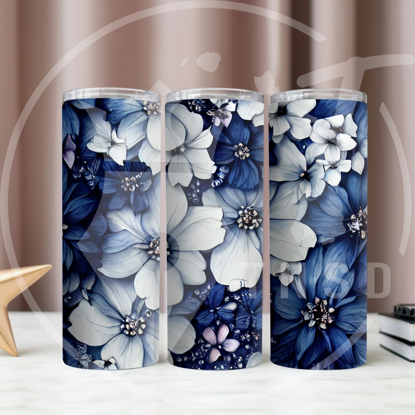 Navy N Pale White Flowers