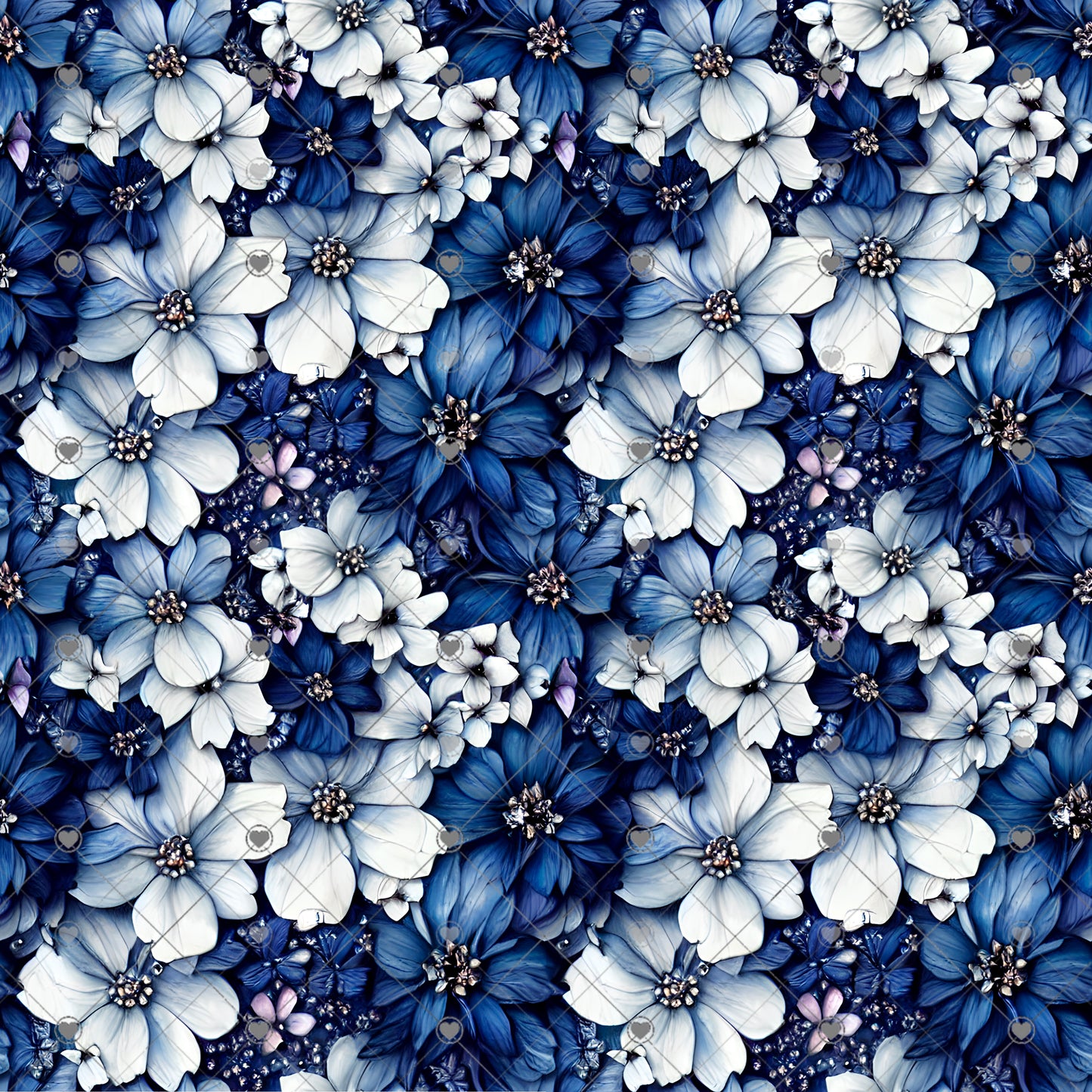 Navy N Pale White Flowers