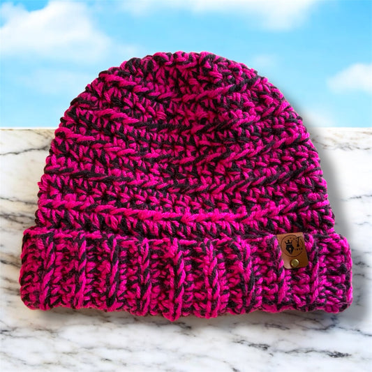 Chunky Brimmed Crochet Beanie - Shocking Pink 'n Black